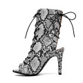 latest large size summer pu snakeskin leather cross strap lace up peep toe ladies boots sandals